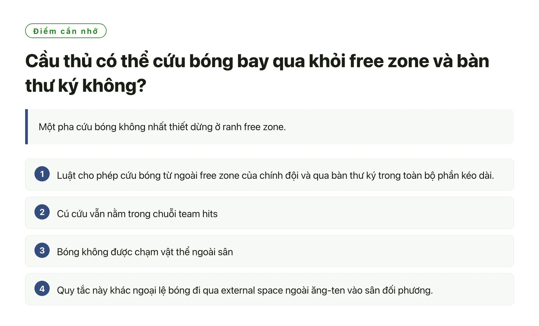Cầu thủ có thể cứu bóng bay qua khỏi free zone và bàn thư ký không?——全文要点速览